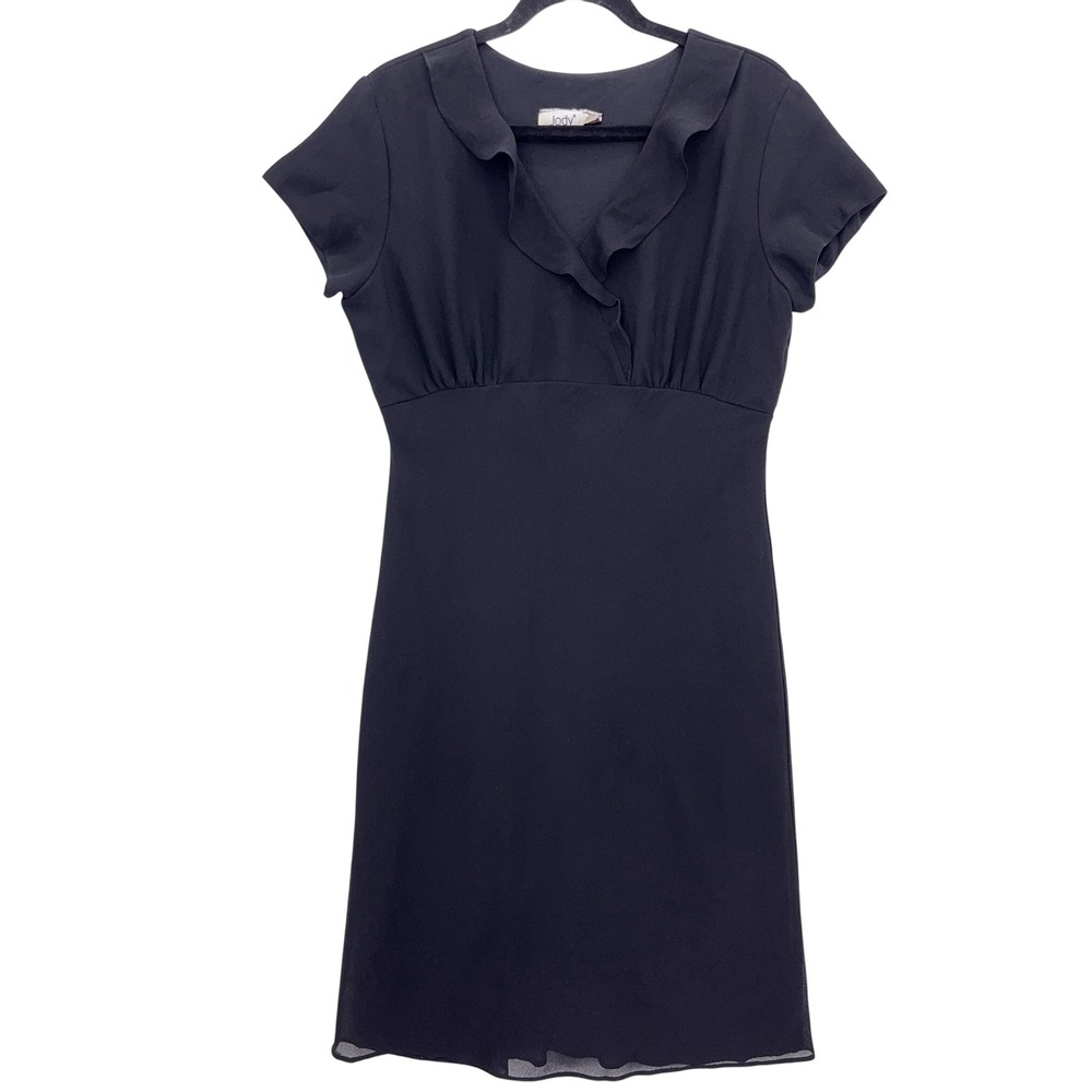 Jody California Black Ruffle Empire Waist Dress 11 V-Neck Vintage 70s 80s